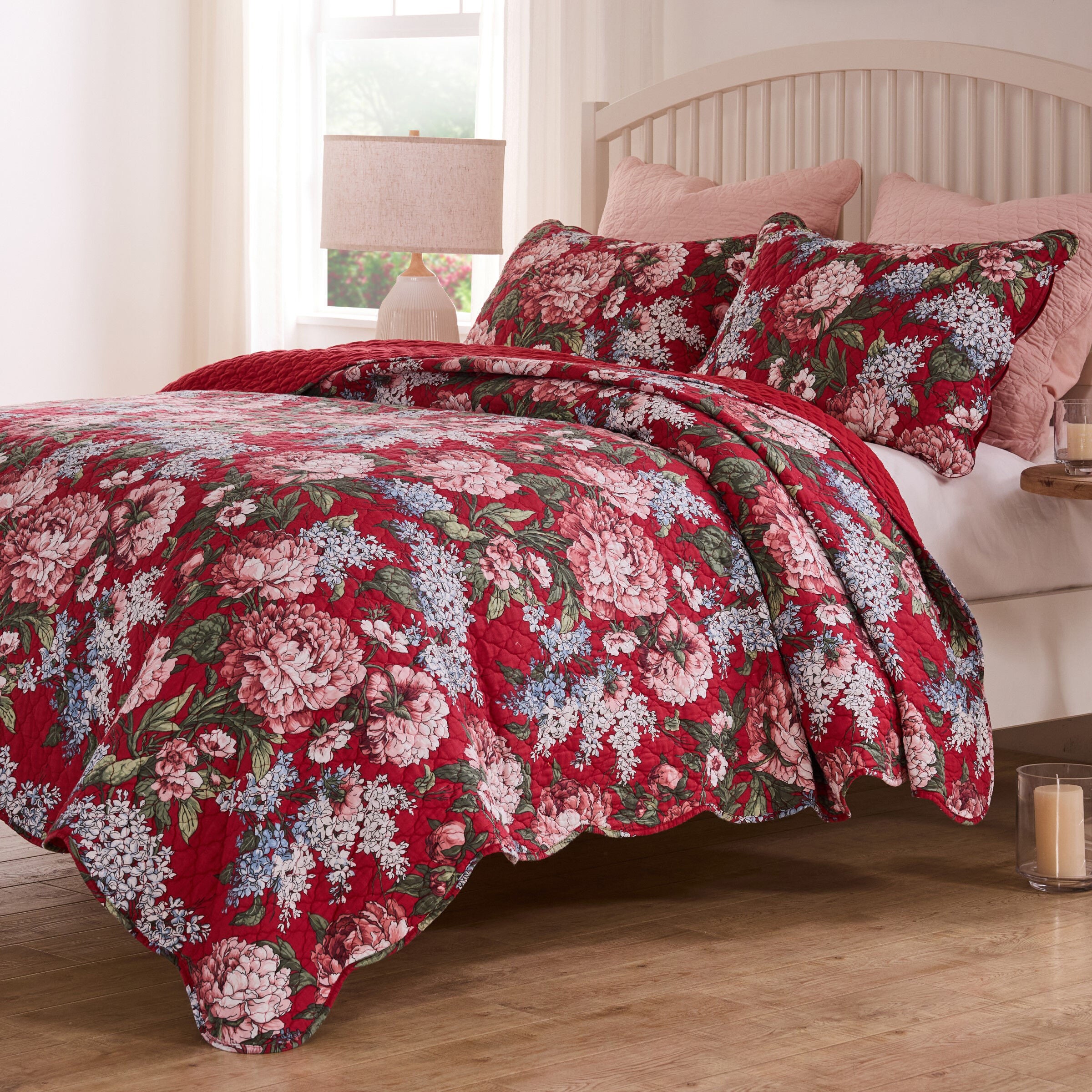 Greenland Home Fashions Millie Finely Stitched Floral Quilt Set, GARNET, alternate image number 1