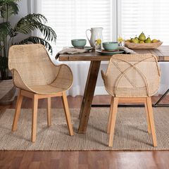 Ballerina Japandi Natural Brown Finished Mahogany Wood and Rattan 2-Piece Dining Chair Set