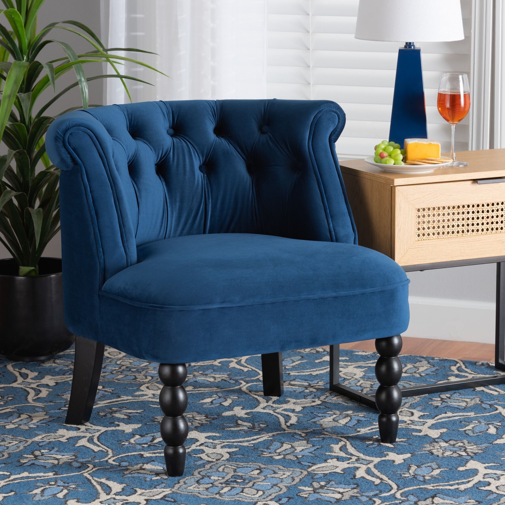 Flax Classic And Traditional Navy Blue Velvet Fabric And Black Finished Wood Accent Chair, , alternate image number 7