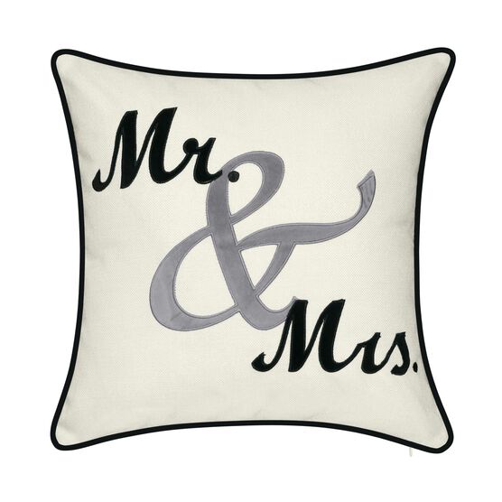 Celebrations ""Mr. & Mrs."" Cursive Embroidered Applique Decorative Pillow , OYSTER, hi-res image number null