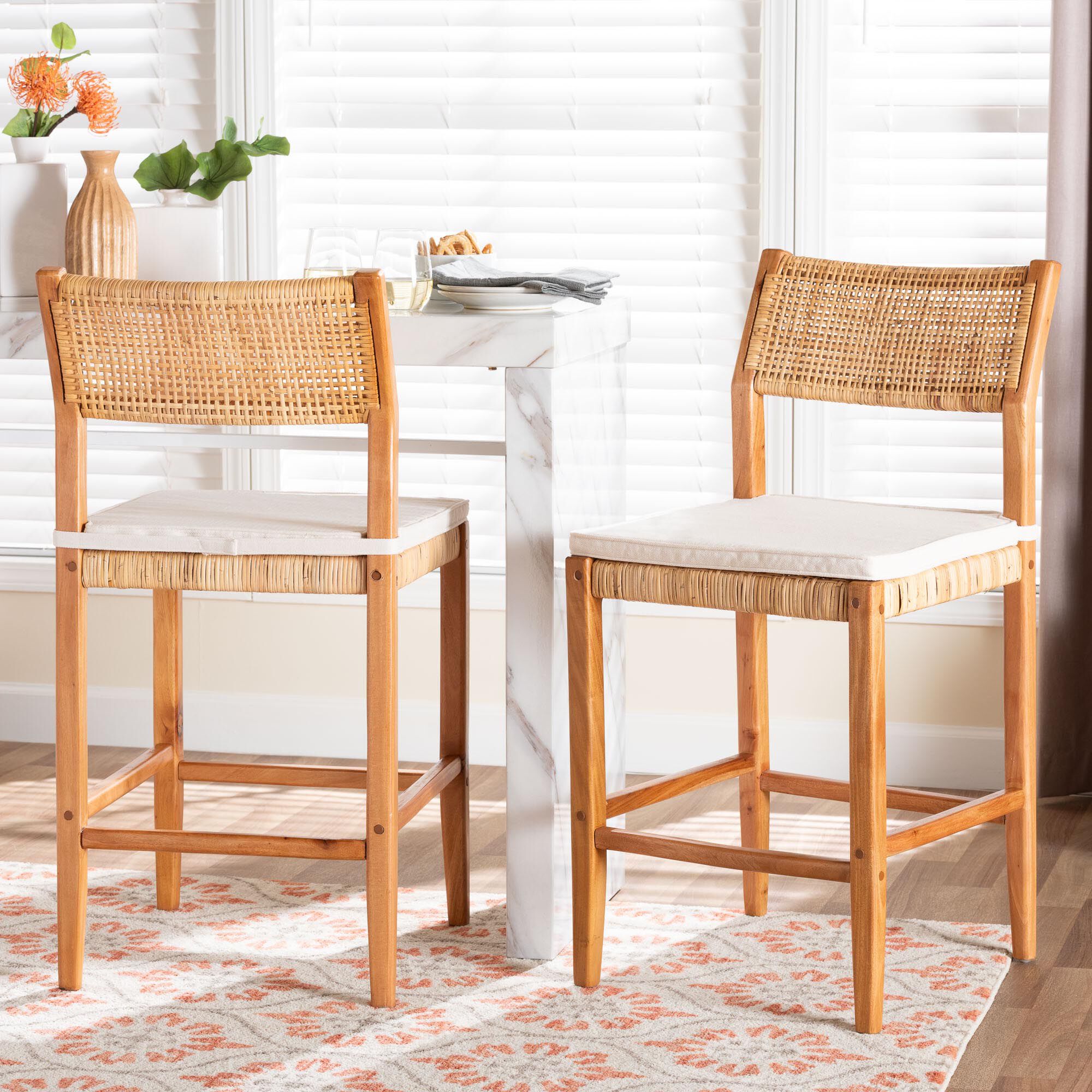 Chatura Natural Rattan and Mahogany Wood 2-Piece Counter Stool Set, HONEY, hi-res image number 0