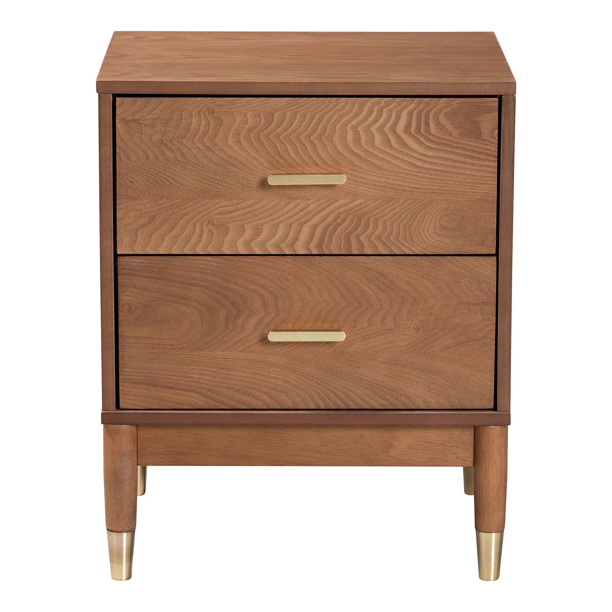 Mandolin Mid-Century Ash Walnut Wood 2-Drawer Nightstand, BROWN, alternate image number 3