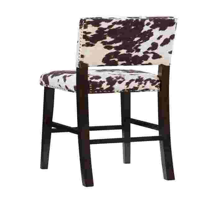 Cypress Bar Stool with black and white cowhide pattern upholstery