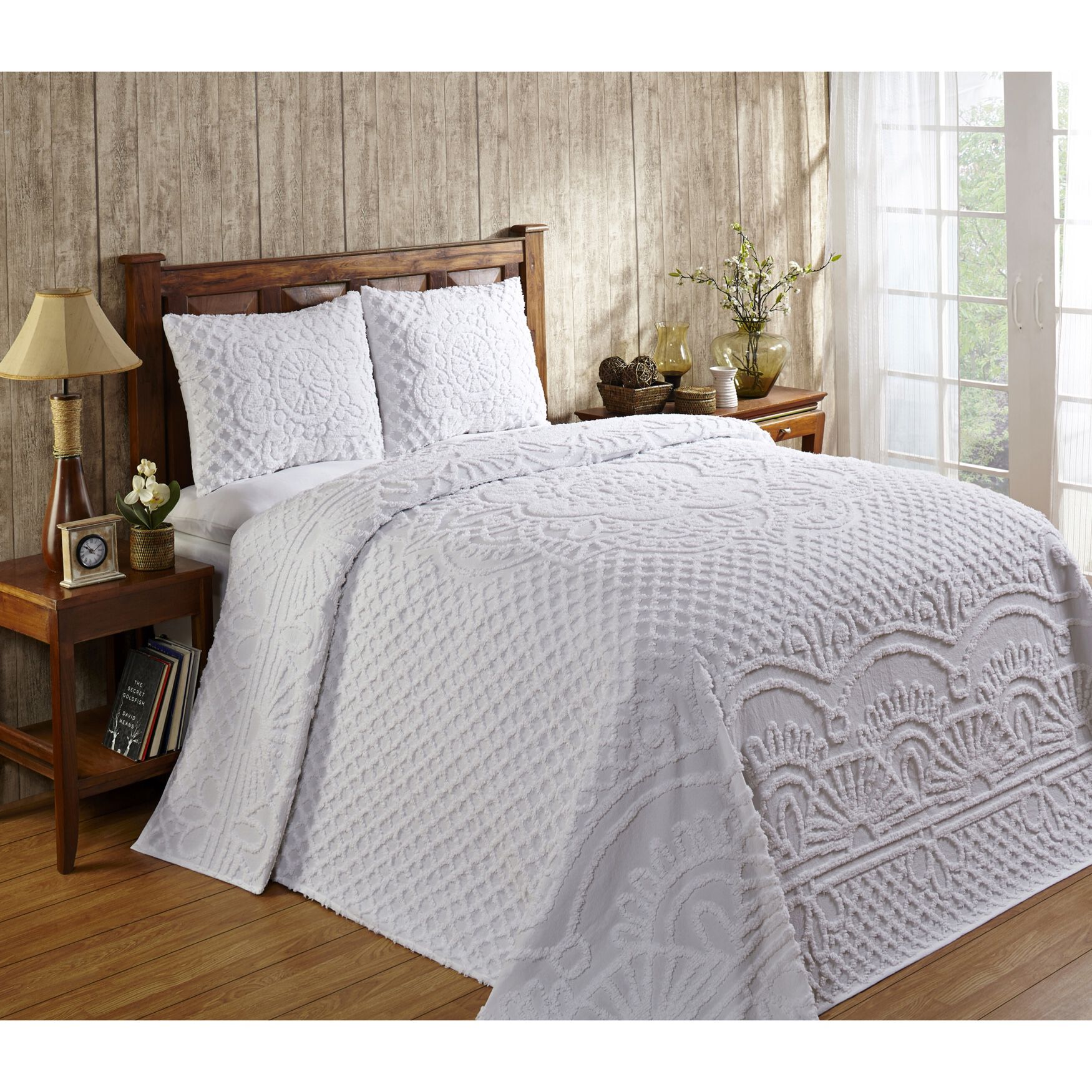 Trevor Collection Tufted Chenille Bedspread Set , WHITE, hi-res image number 0