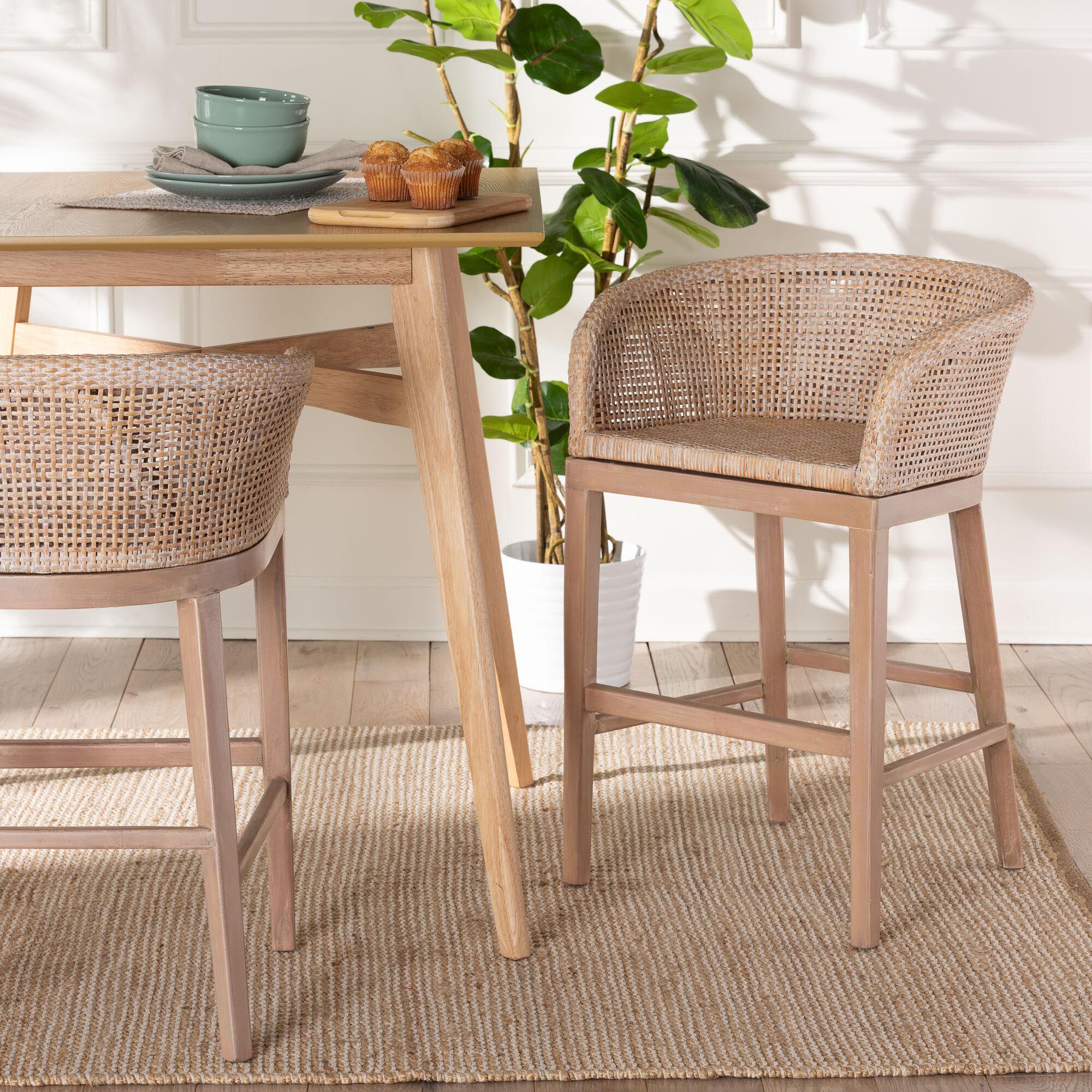 Papua Modern Bohemian Antique White Washed Rattan and Mahogany Wood Counter Stool, BROWN, hi-res image number 0