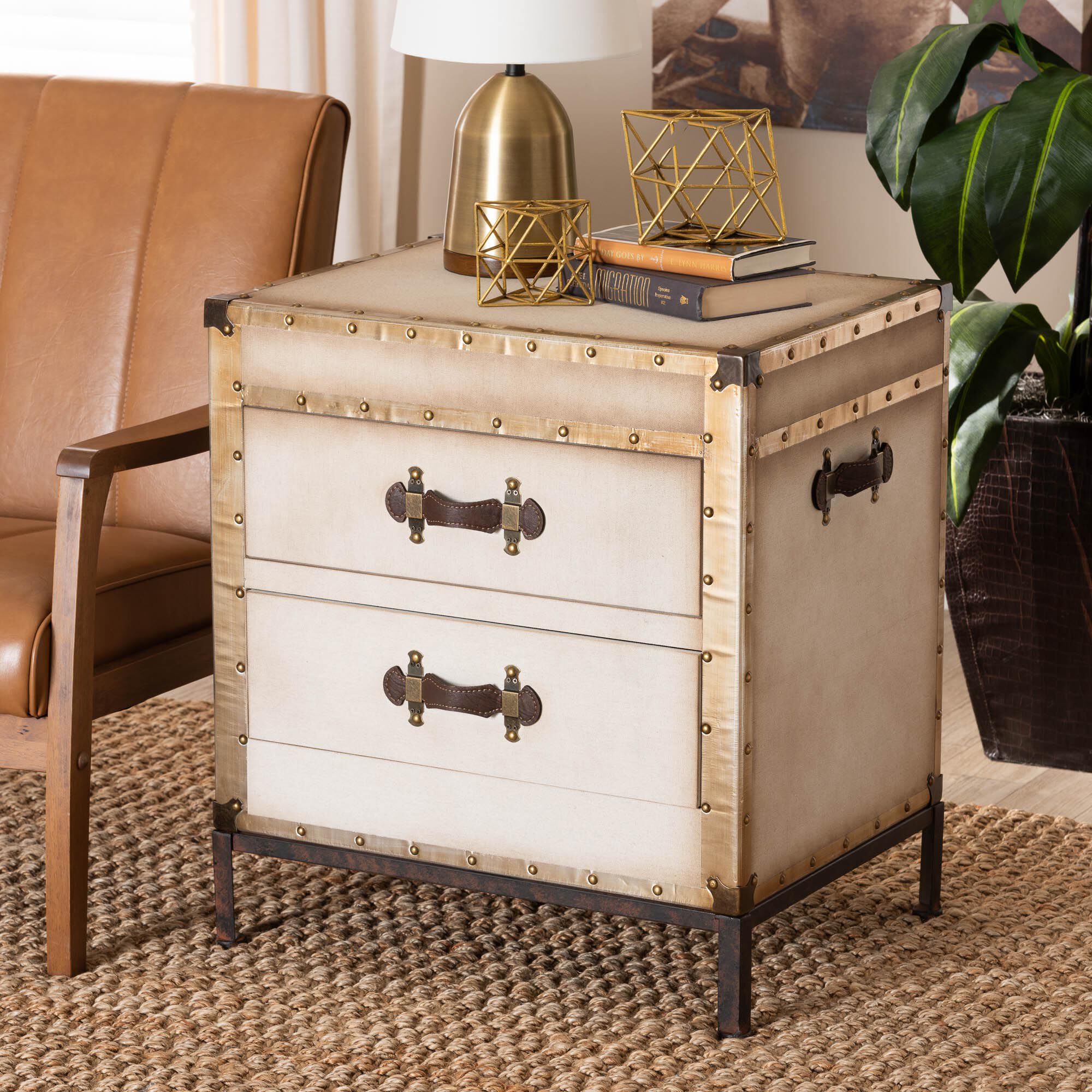 Laura Vintage White Canvas 2-Drawer End Table Trunk, WHITE, hi-res image number 0