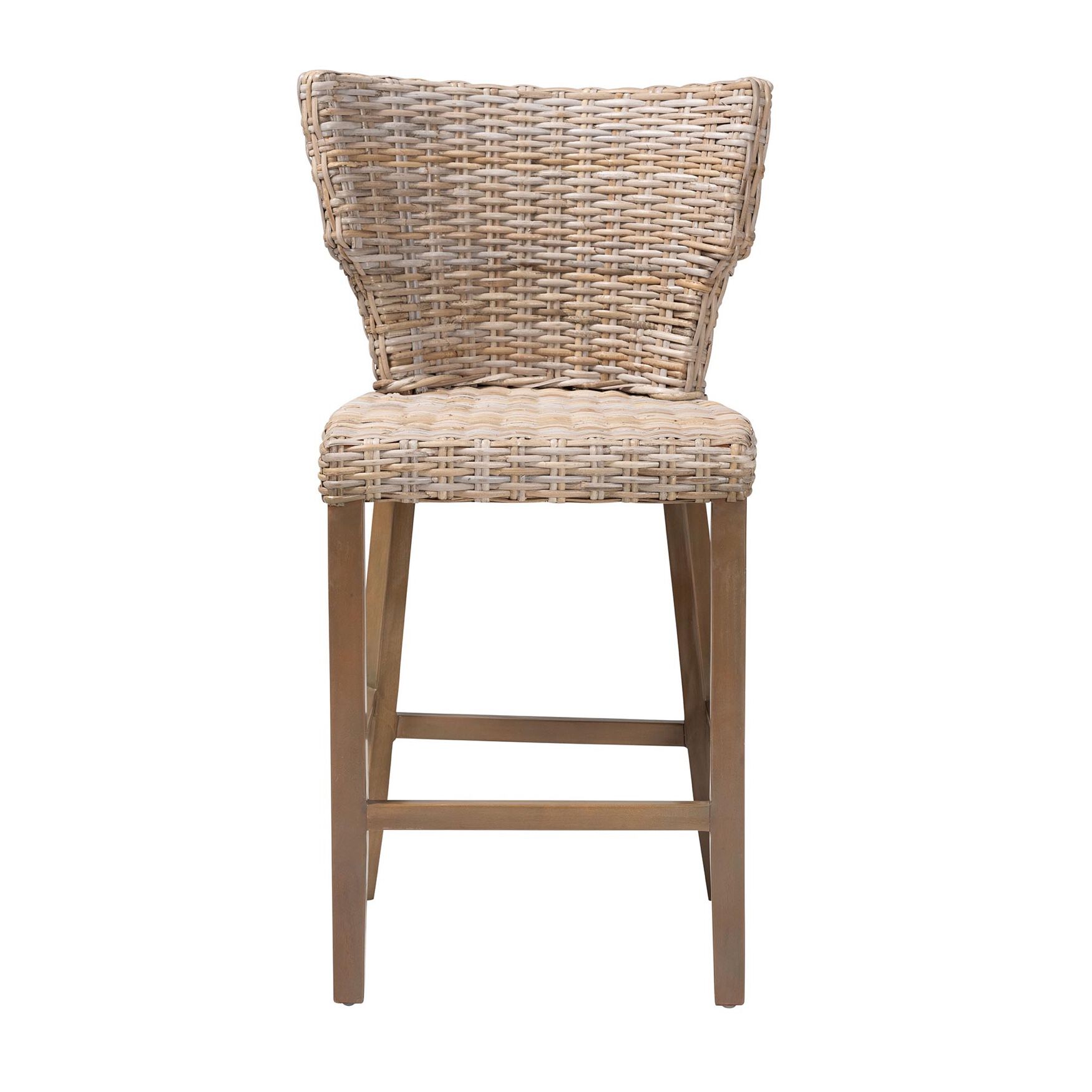 Enver Modern Bohemian Grey Kubu Rattan And Mahogany Wood Counter Stool, , on-hover image number 1