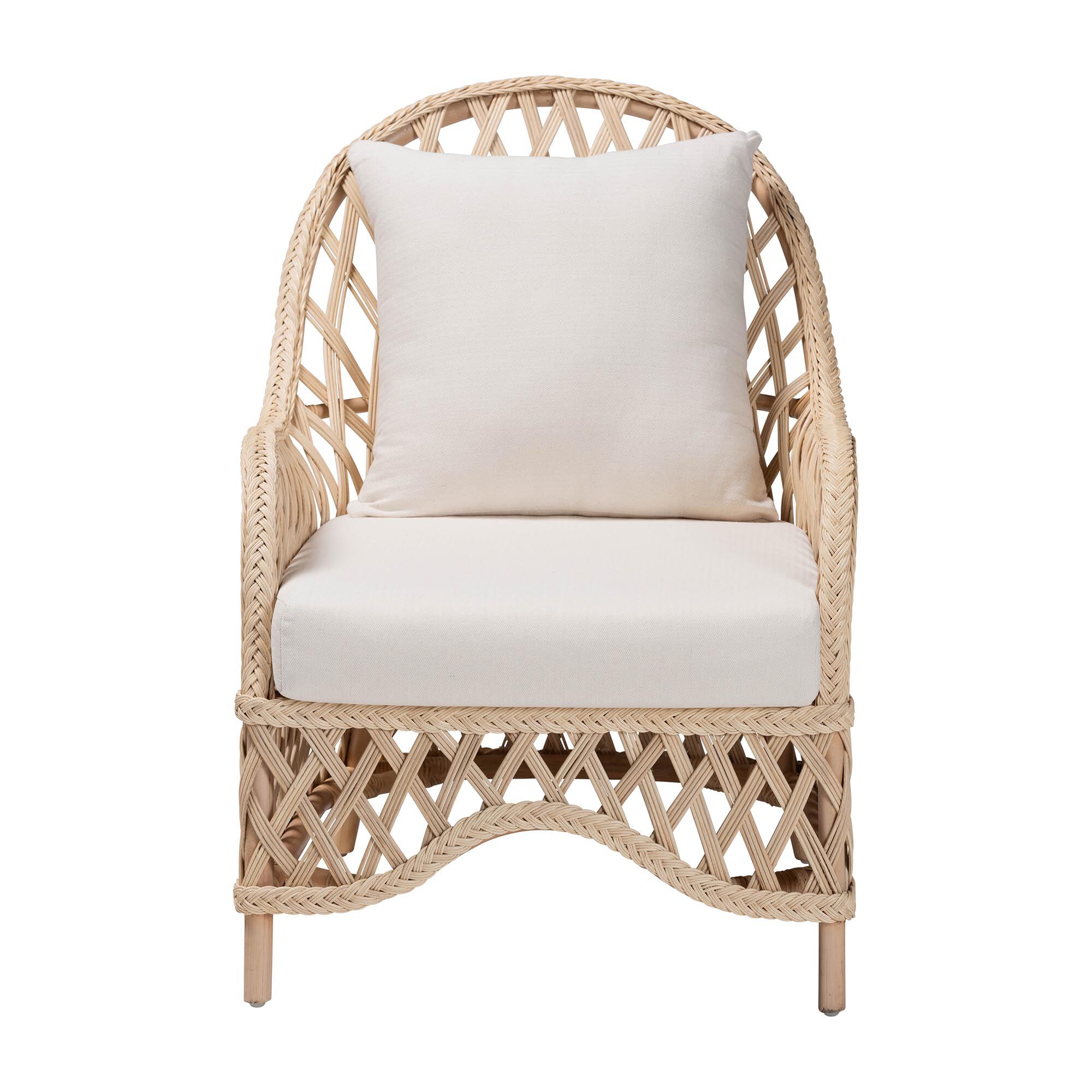 Ivory braided rattan armchair with white cushion
