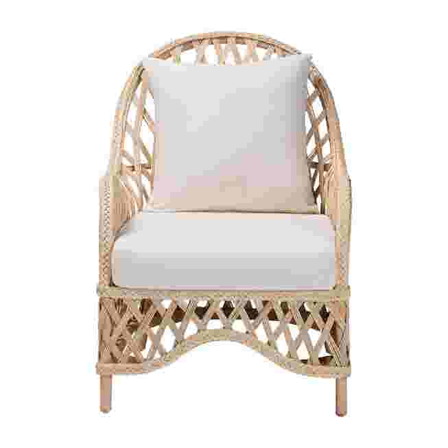 Ivory braided rattan armchair with white cushion