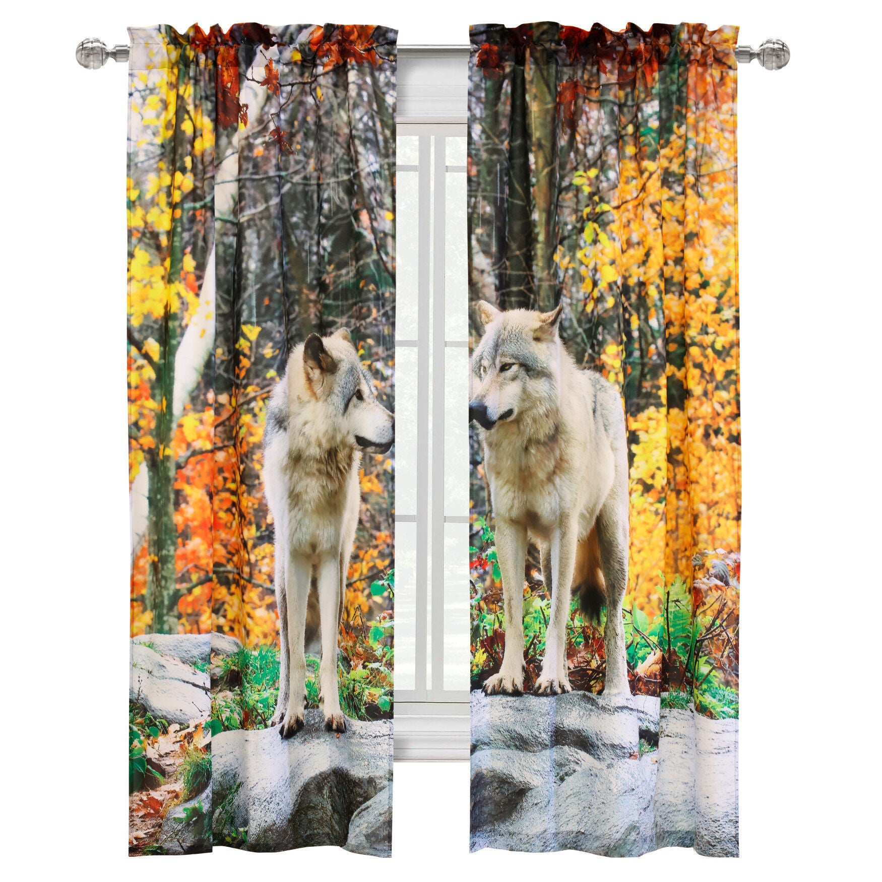 Photo Real Wolves Light Filtering Pole Top Curtain Panel Pair, , on-hover image number 1