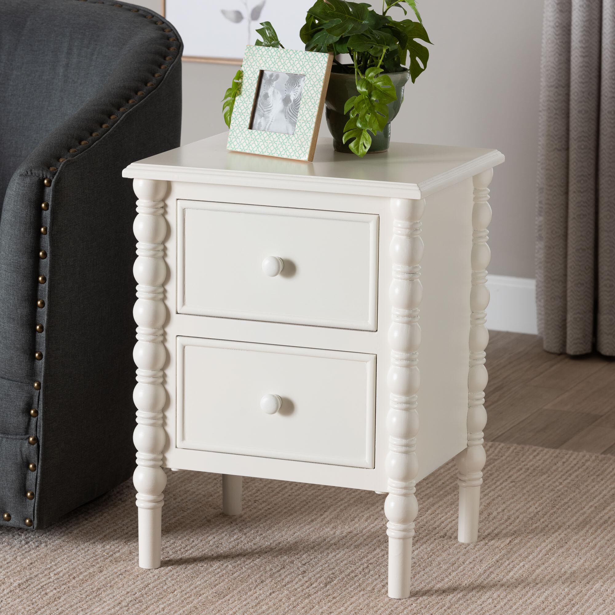Malinda Classic Black Wood 2-Drawer End Table with Spindle Legs, WHITE, hi-res image number 0