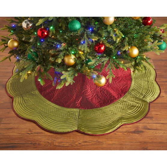 54" Quilted Tree Skirt, BURGUNDY GREEN, hi-res image number null
