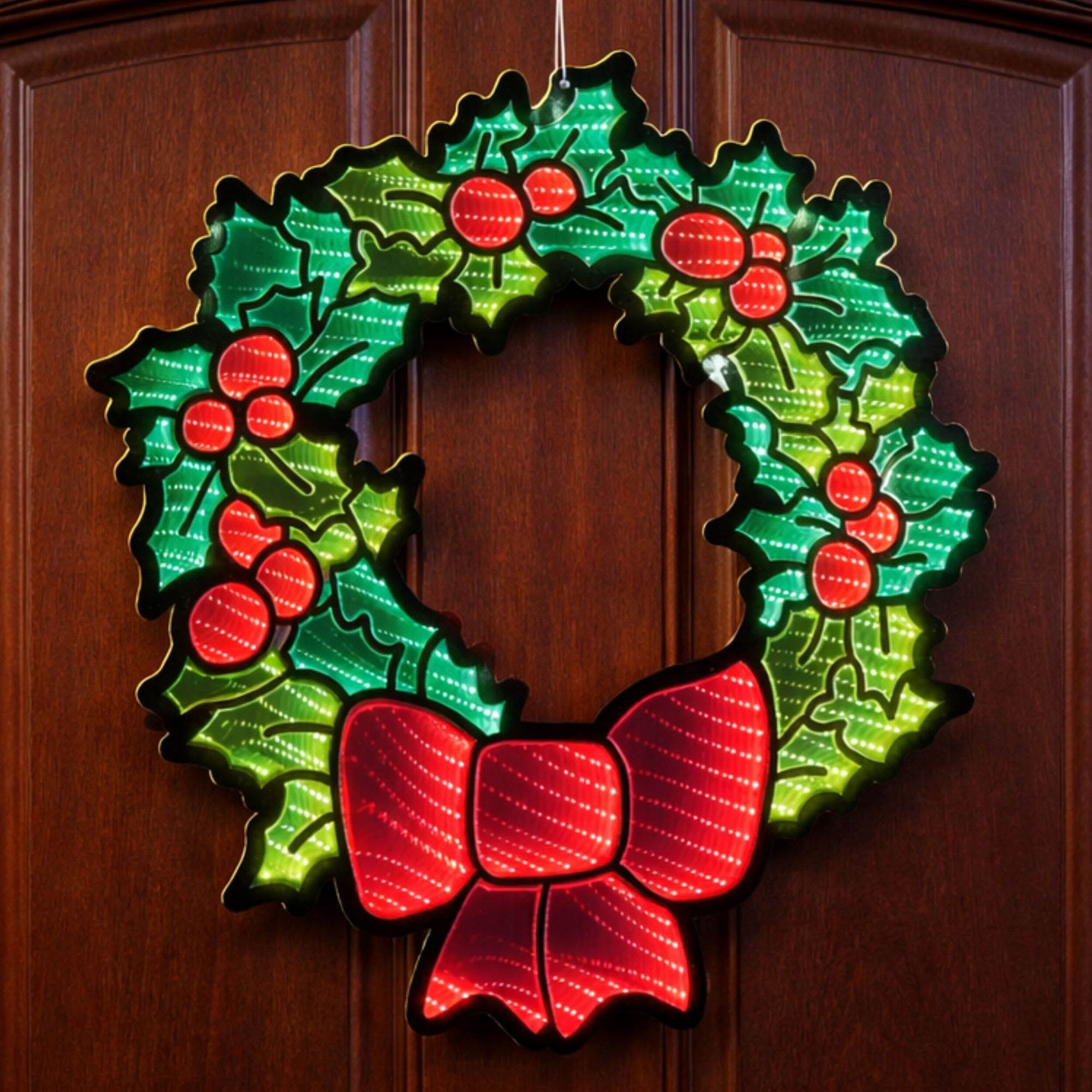 Hanging Holly Wreath with Bow Ekkolight 24 inchesH, RED GREEN, alternate image number 2