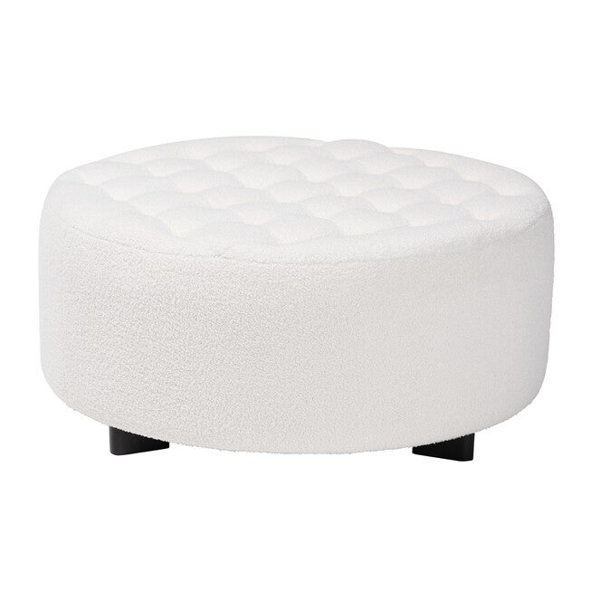 Athena Modern And Contemporary Ivory Boucle Upholstered And Black Finished Wood Round Ottoman, IVORY, hi-res image number null