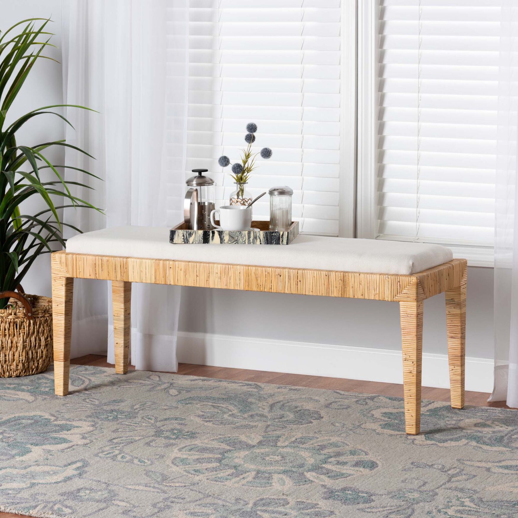 Sofia Modern Bohemian Natural Brown Rattan And Mahogany Wood Bench, , alternate image number 4