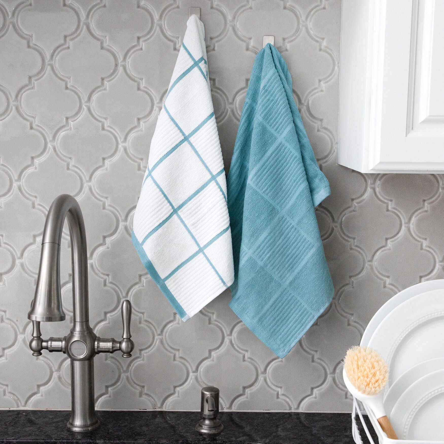 Solid And Check Parquet Kitchen Towel, Six Pack, , alternate image number 2