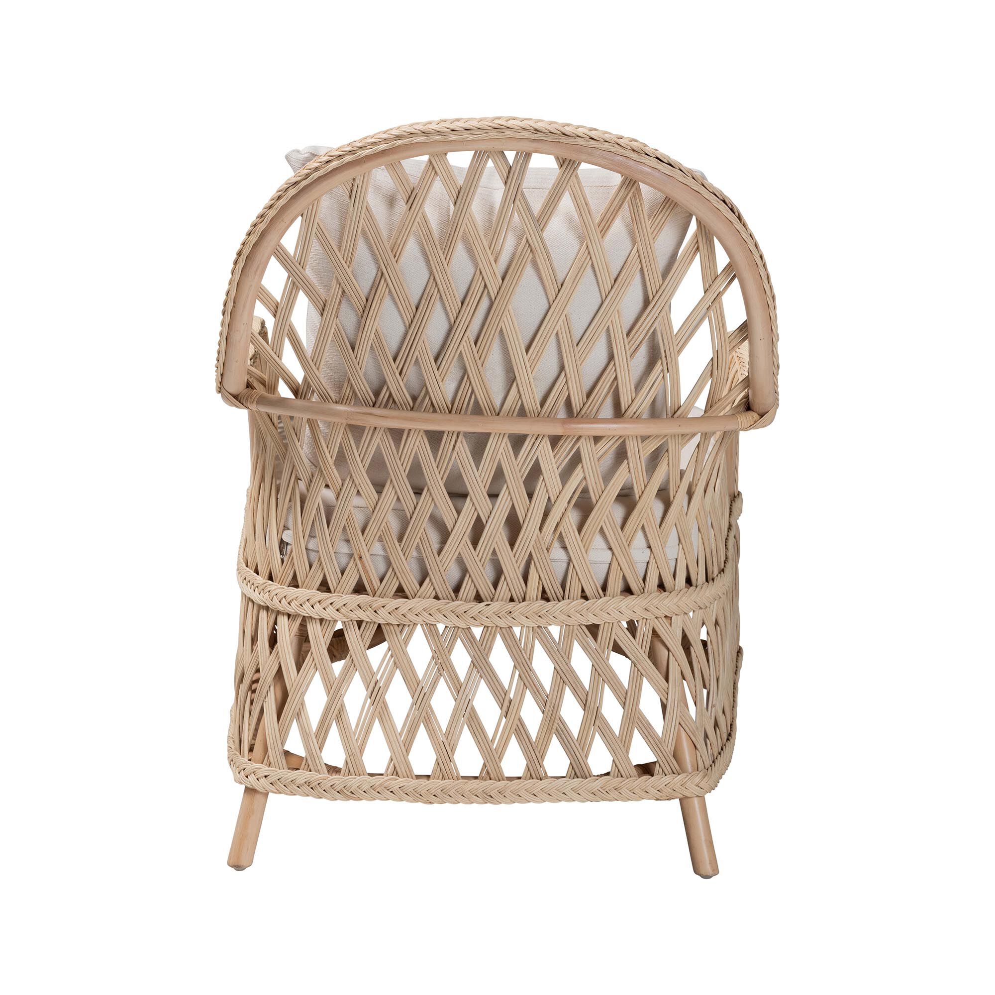 Back view of ivory braided rattan armchair with white cushion