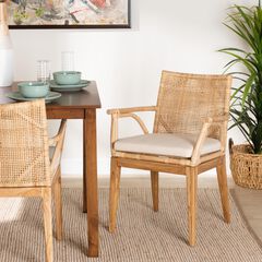 Storsel Modern Bohemian Natural Brown Finished Teak Wood and Rattan Dining Chair