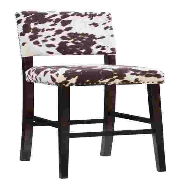 Cypress Bar Stool with black and white cowhide pattern upholstery