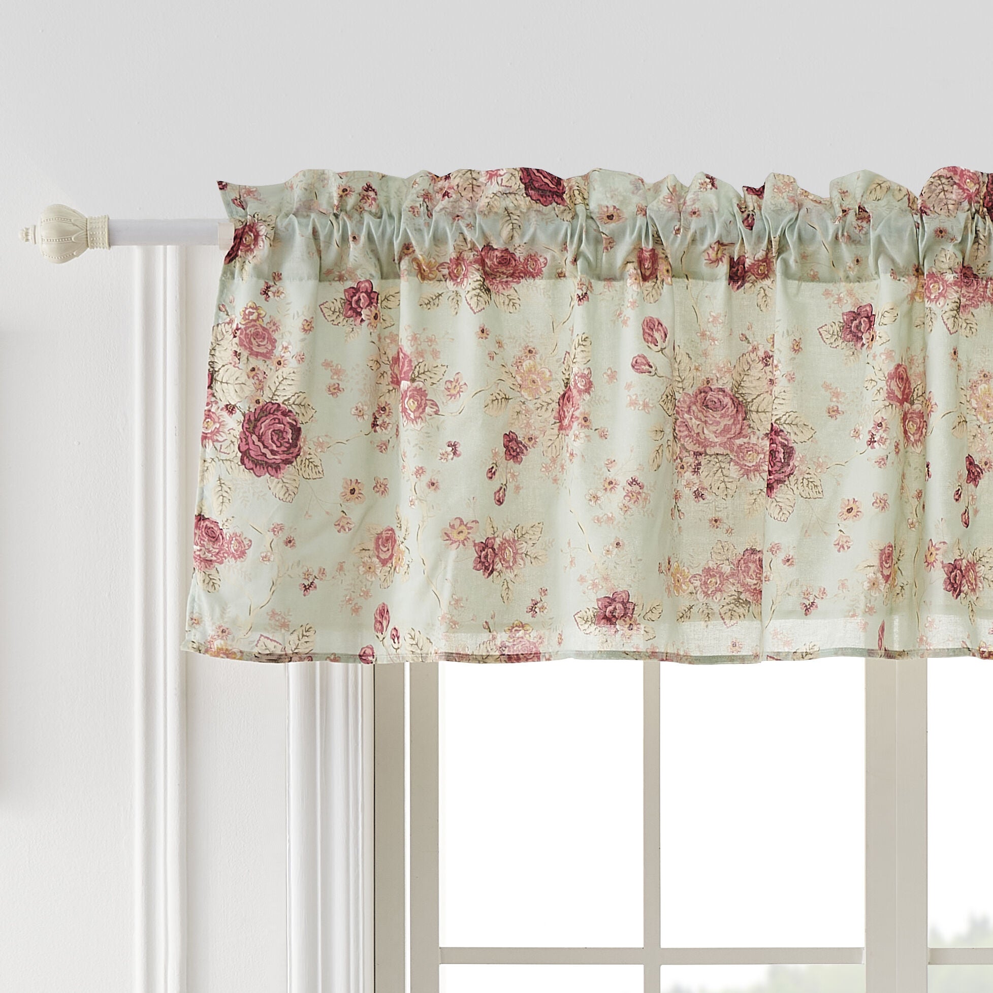 Antique Rose 100% Cotton Window Treatment Valance Curtains, BLUE, hi-res image number 0