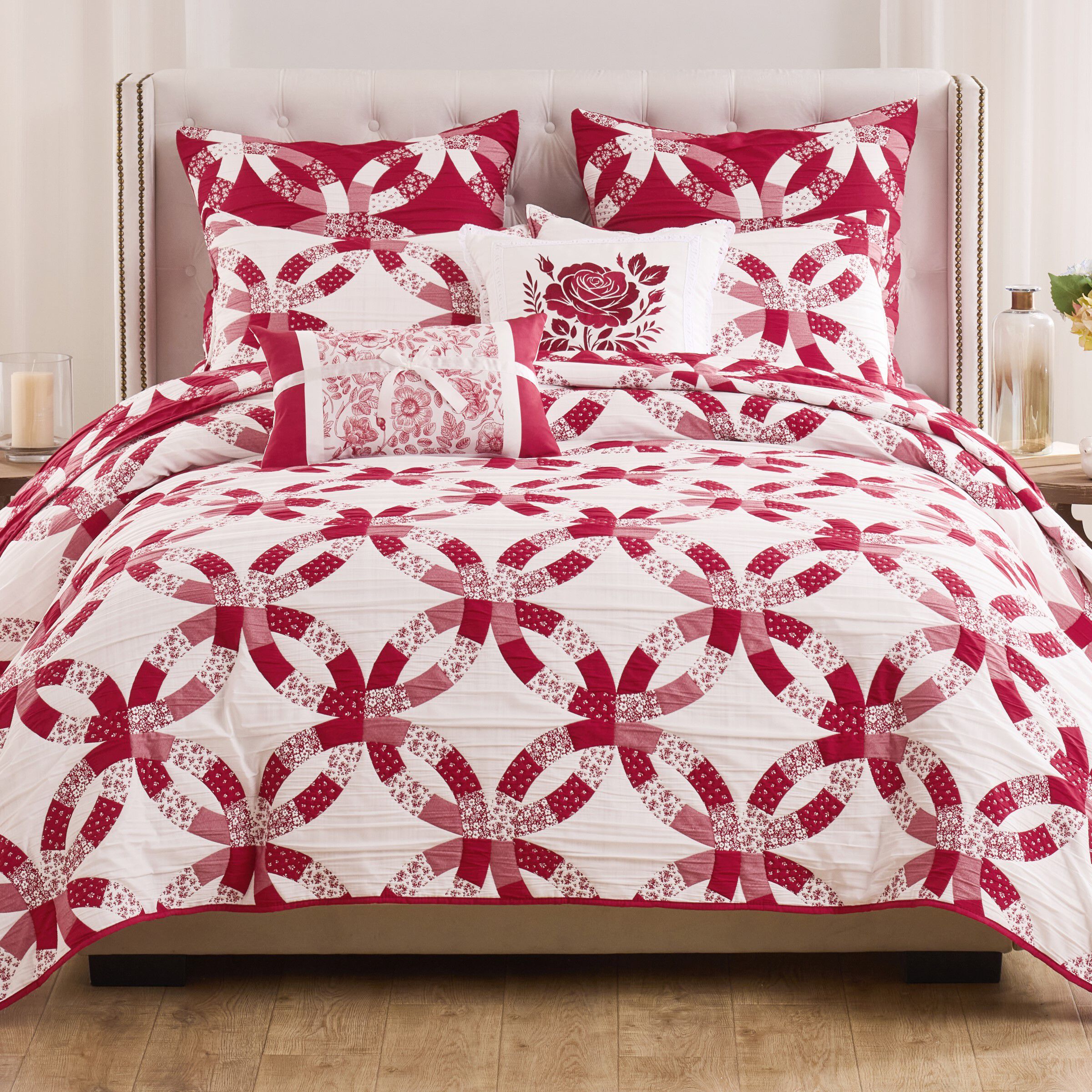 Wedding Ring Floral Reversible Coverlet Set, Red, RED, hi-res image number 0