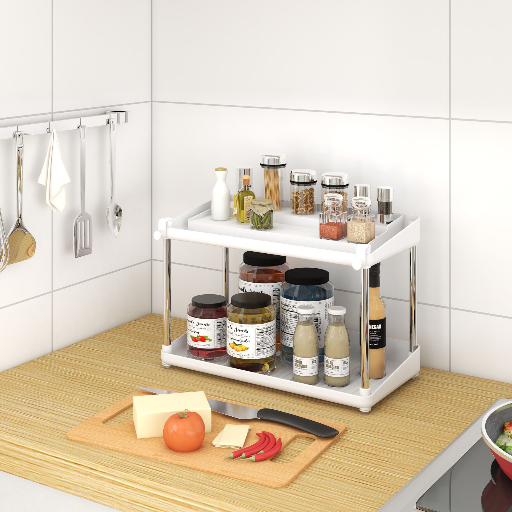 Two Tier Shelf Spice Rack Organizer, WHITE, hi-res image number 0