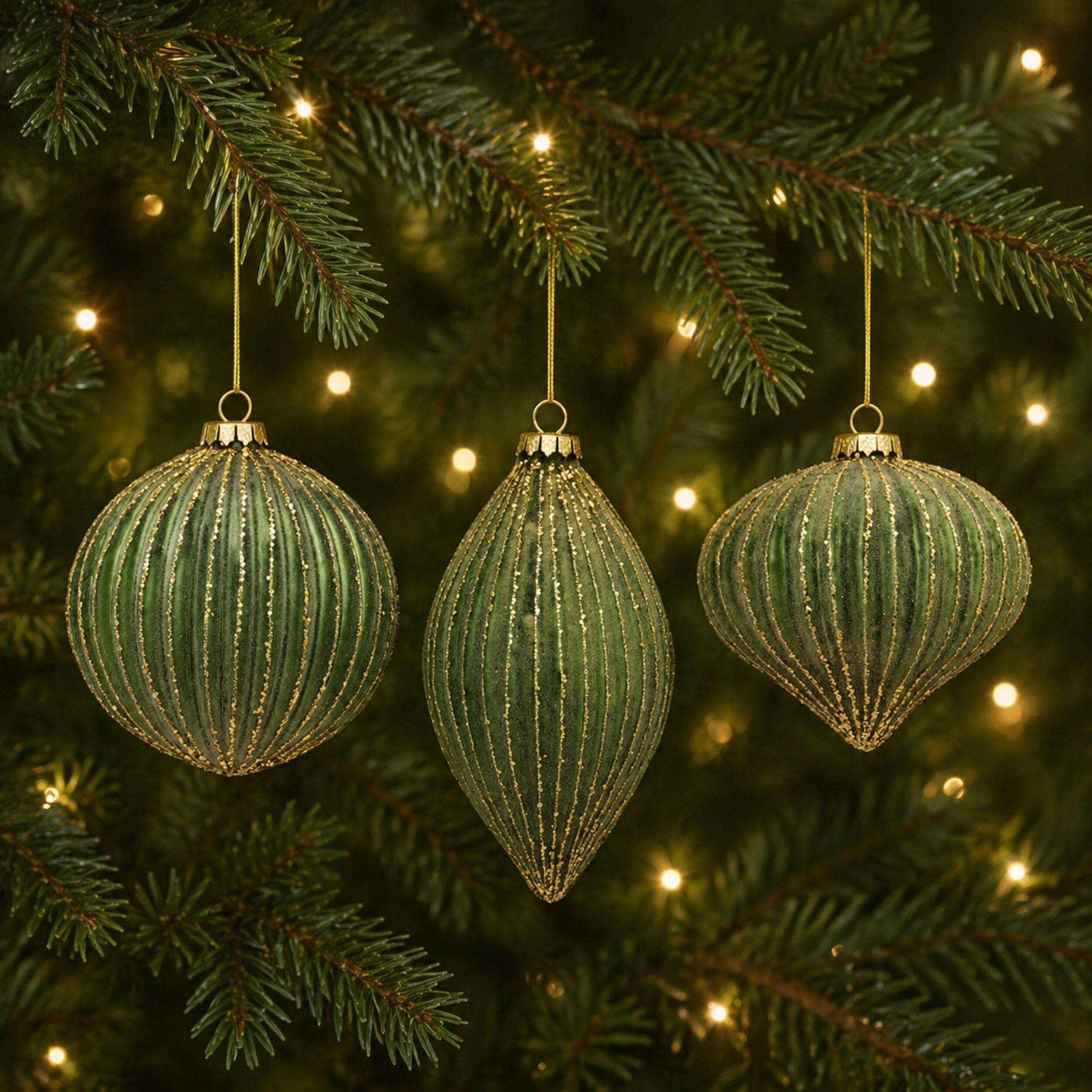 Ribbed Glass Ornament with Gold Accent (Set of 6), GREEN GOLD, alternate image number 1