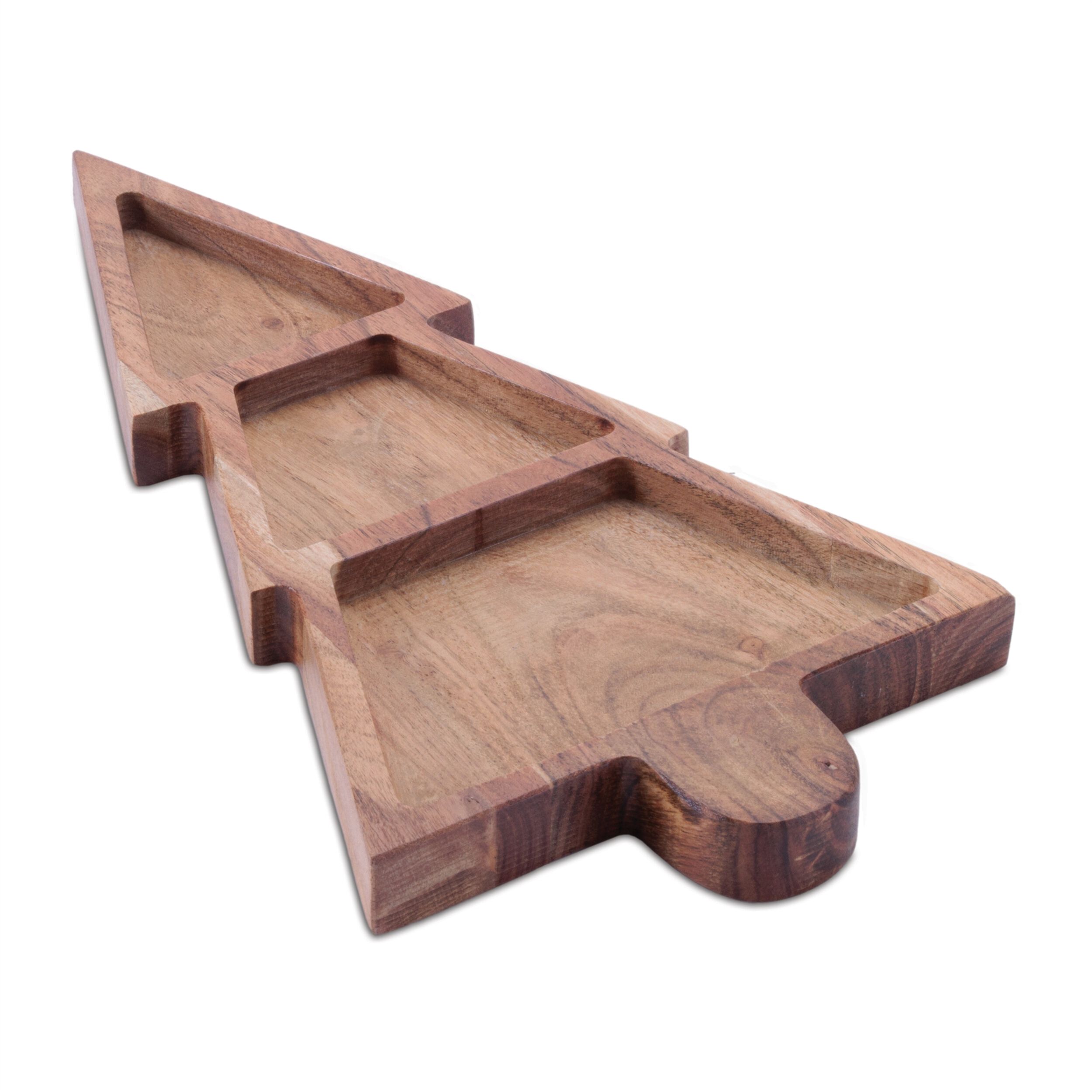 Wood Christmas Tree Divided Serving Tray 15 inchesL, BROWN, hi-res image number 0