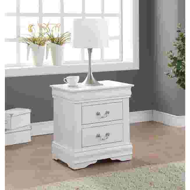 White nightstand with two drawers in a bedroom setting