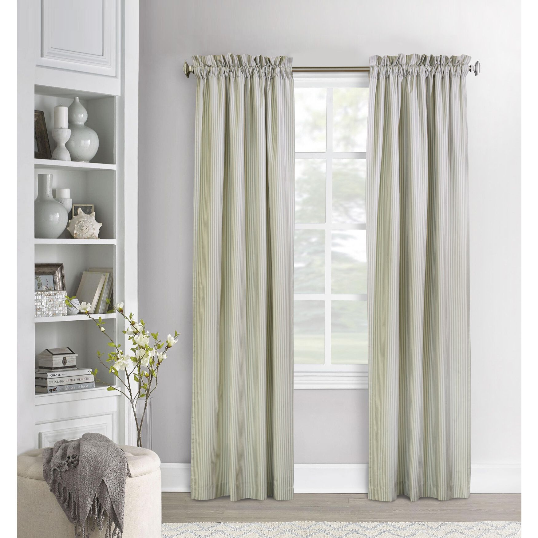 Ticking Stripe Room Darkening Pole Top Curtain Panel Pair, SAGE, hi-res image number 0