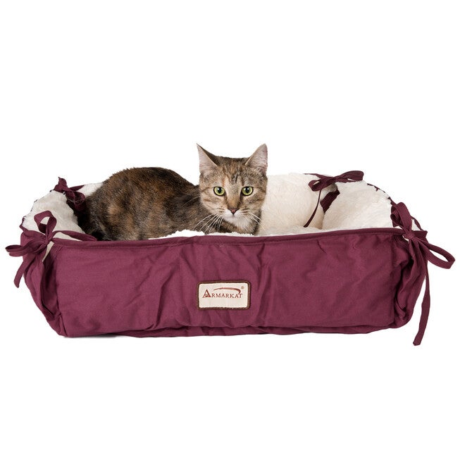 2-In-1 Cat Pet Bed & Fleece Mat, Burgundy/Ivory, BURGUNDY, hi-res image number null