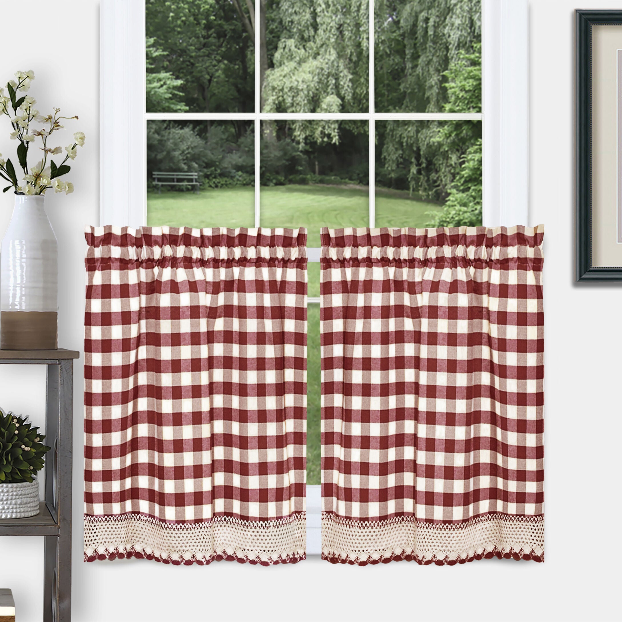Buffalo Check Window Curtain Tier Pair, BURGUNDY, alternate image number 1