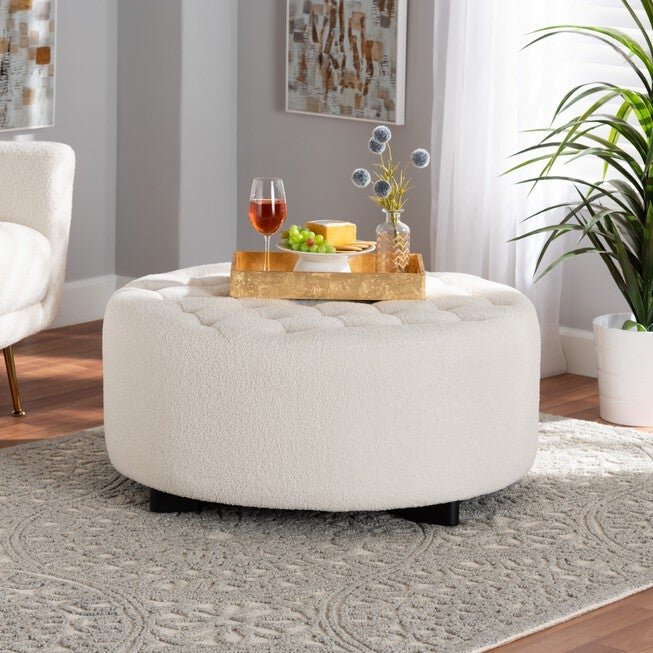Athena Modern And Contemporary Ivory Boucle Upholstered And Black Finished Wood Round Ottoman, , alternate image number null