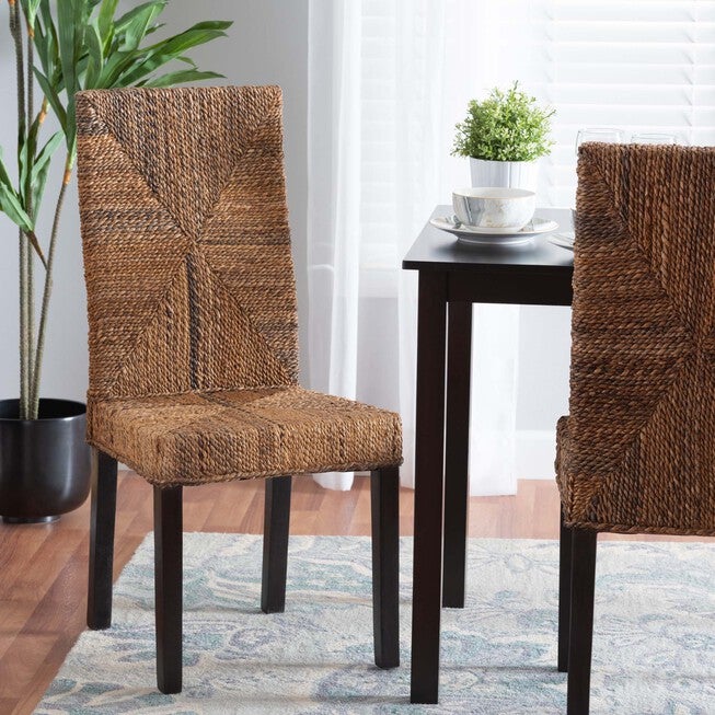 Laymi Modern Bohemian Dark Brown Mahogany Wood And Seagrass Dining Chair, , alternate image number null