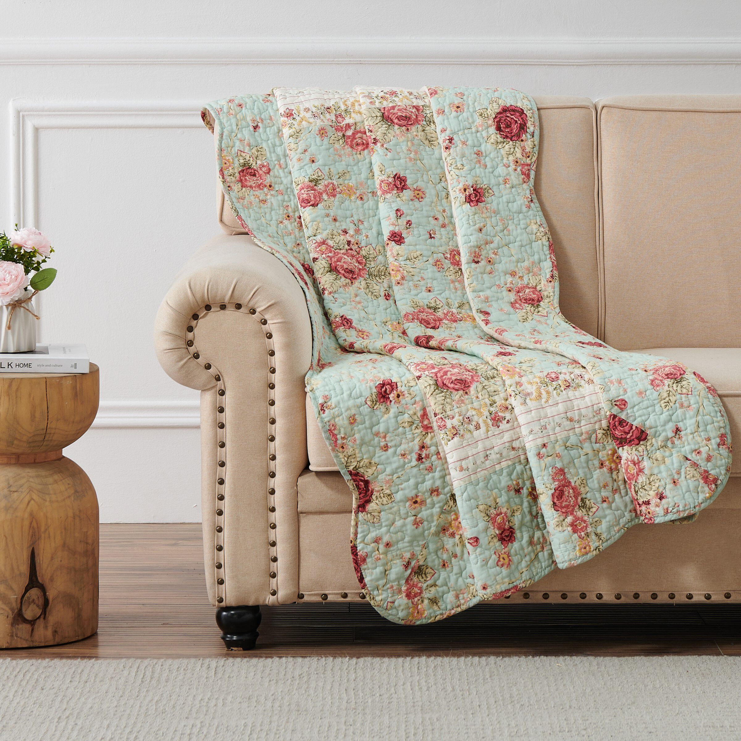Antique Rose Vintage Floral Quilted Throw Blanket, Ecru, BLUE, hi-res image number 0