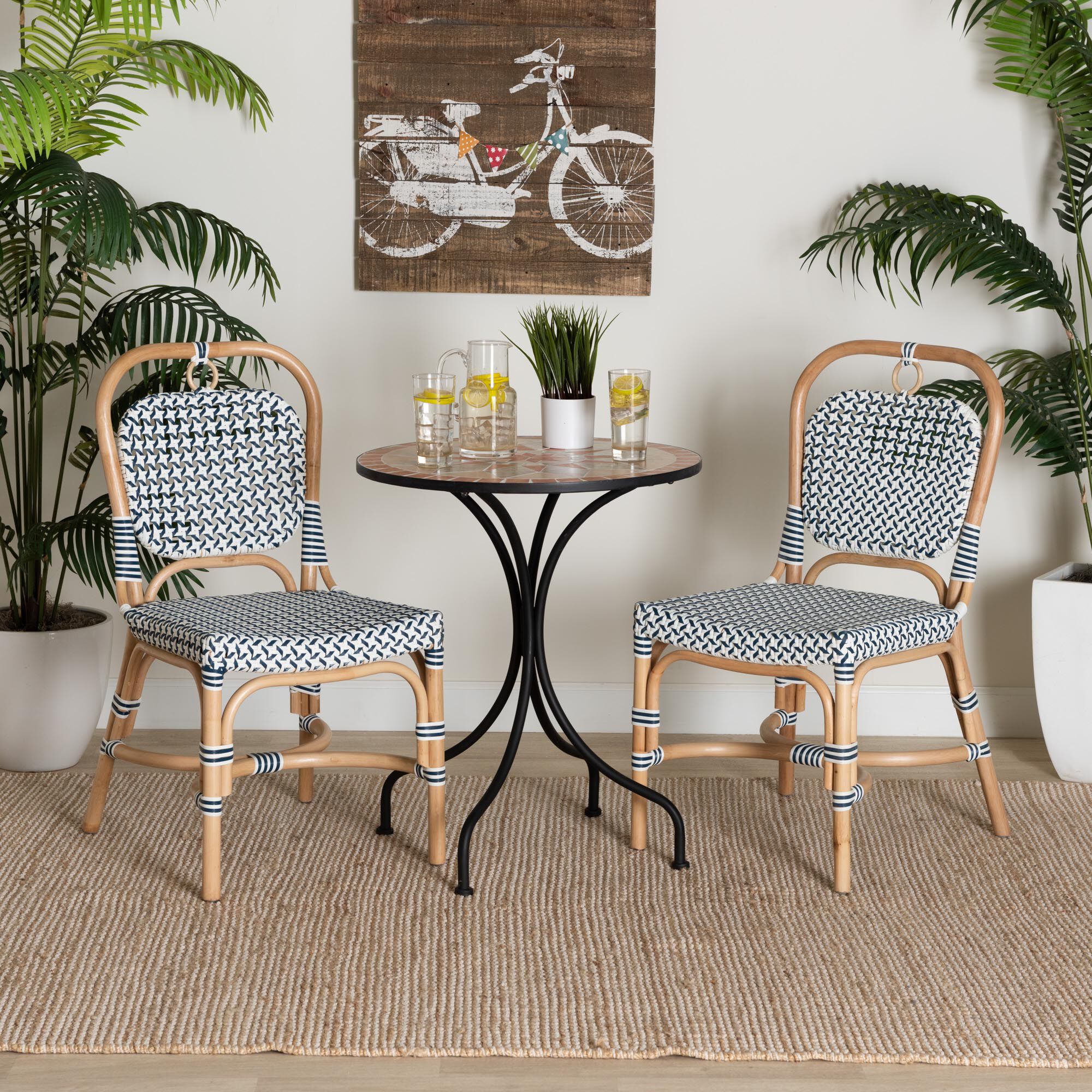 Luciana Modern French Blue and White Weaving Natural Rattan Bistro Chair, BLUE, hi-res image number 0