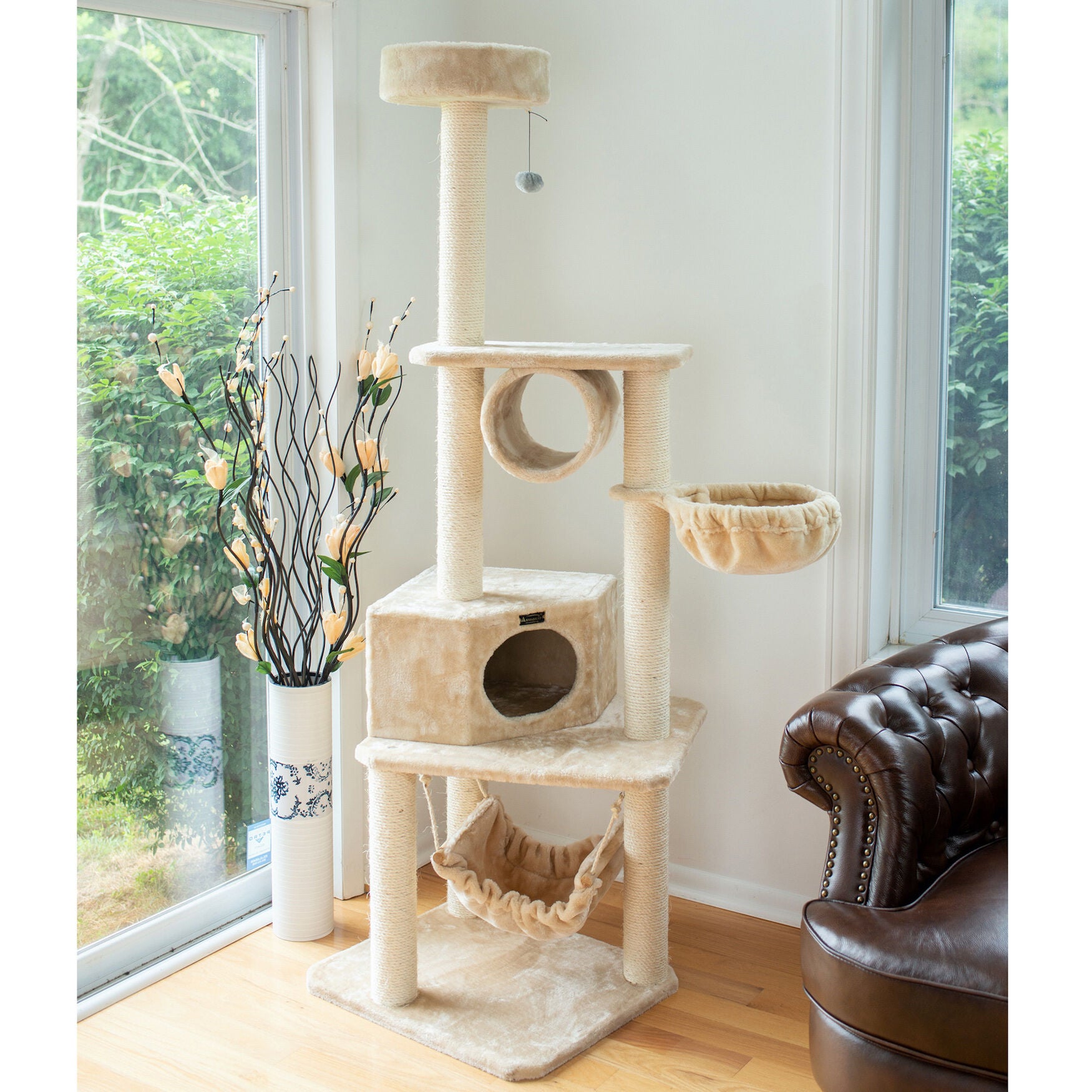 Real Wood 72 inches Cat Tower Entertainment Furniture With Lounge Basket, Perch, , on-hover image number 1