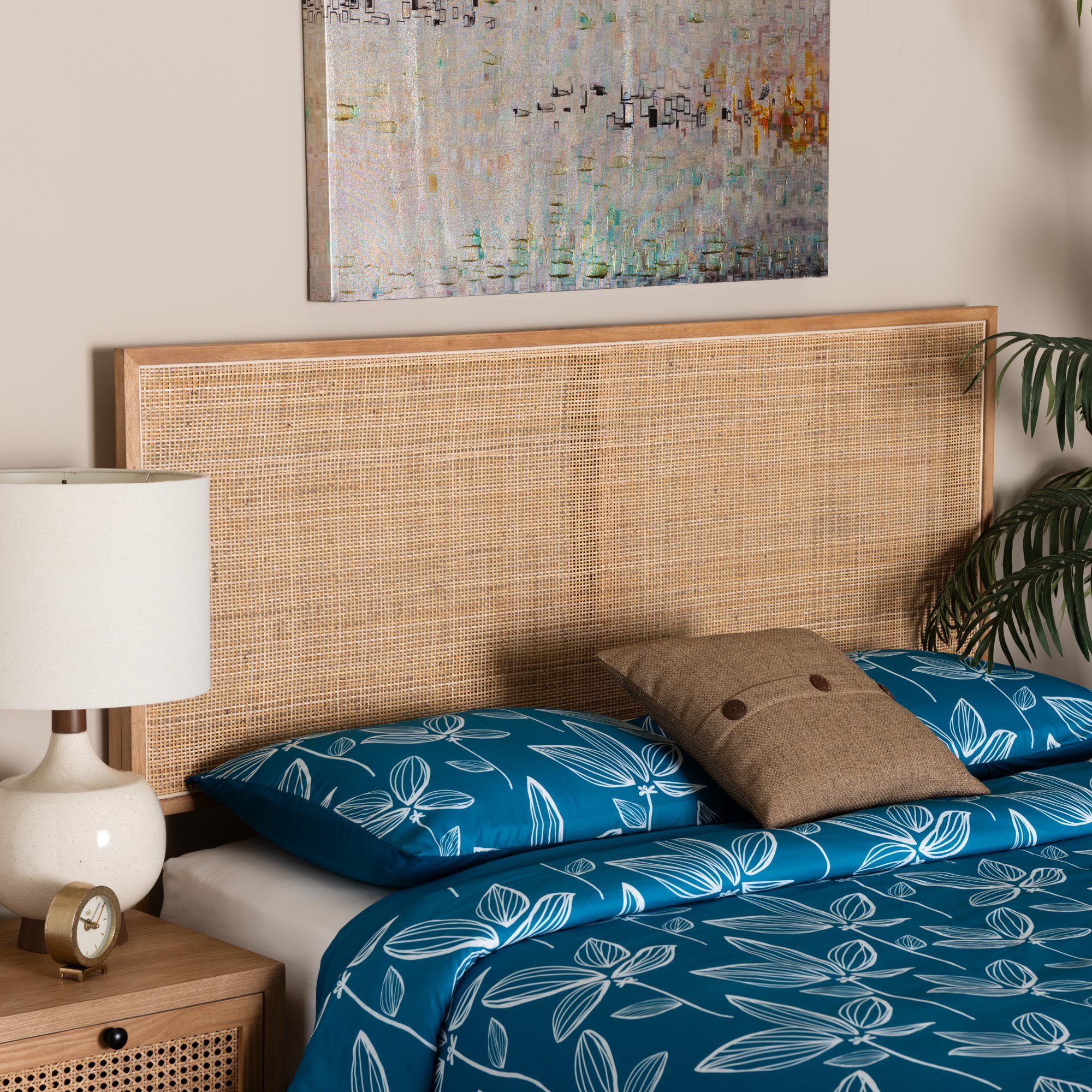 Aurelia Modern Bohemian Natural Brown Finished Bayur Wood and Rattan Queen Size Headboard, NATURAL BROWN, alternate image number 6