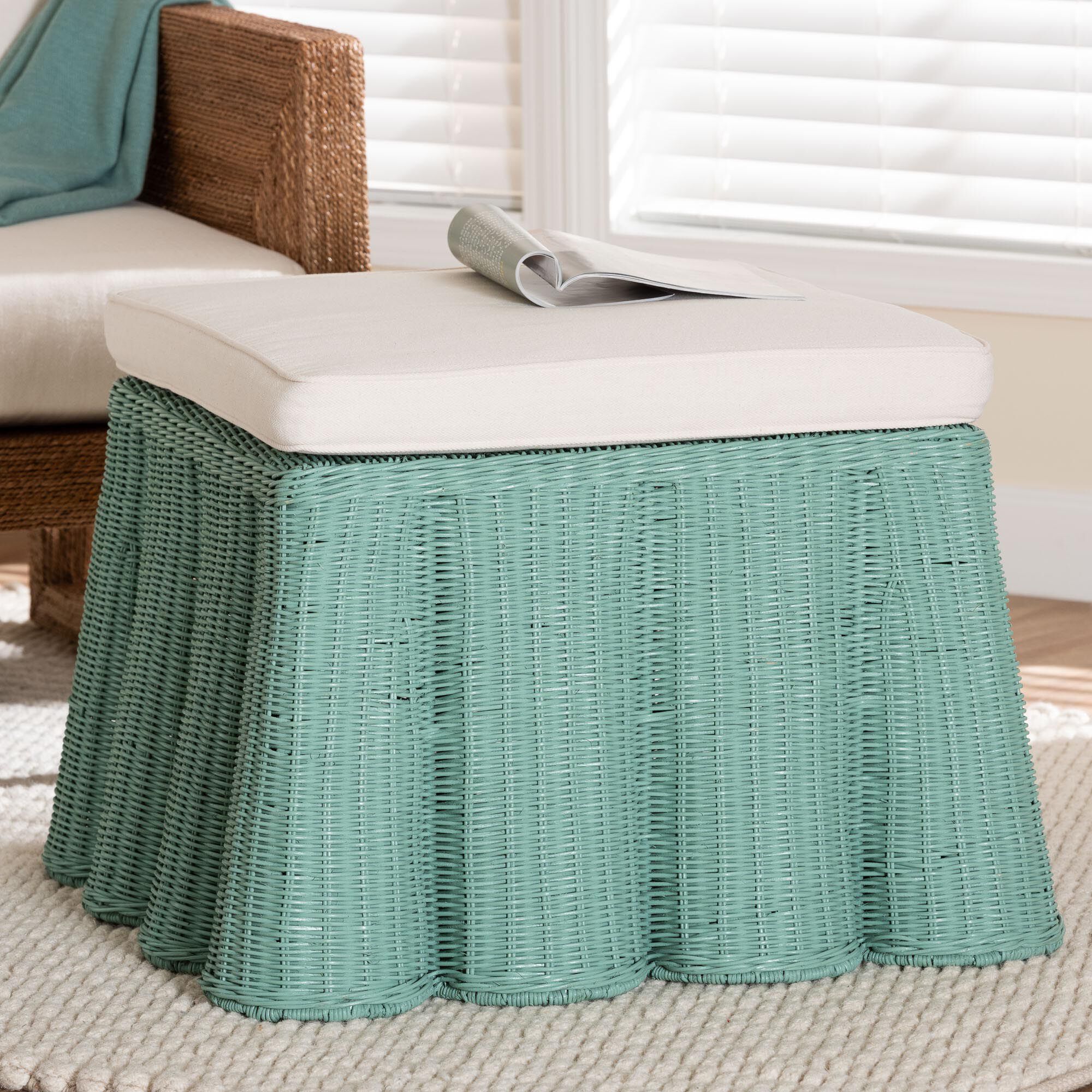 Palm Bohemian White Scallop Rattan Ottoman, GREEN, alternate image number 5