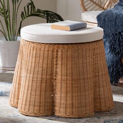 Palm Scallop Natural Rattan Ottoman, 26" Round