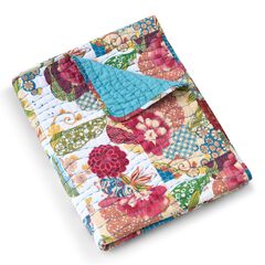 Jewel Floral Kantha Style Quilted Throw Blanket, White