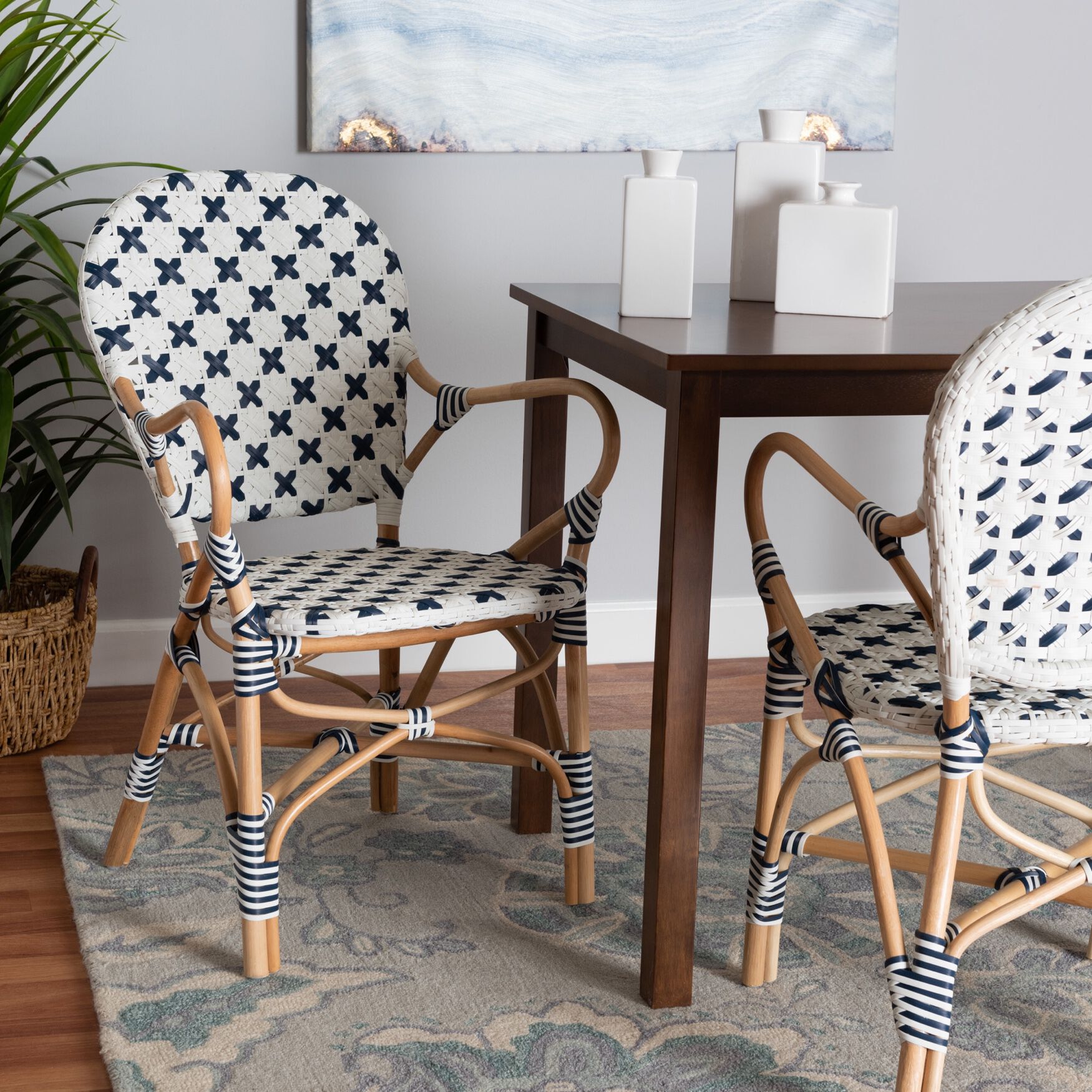 Bryson Modern French Blue And White Weaving And Natural Rattan Bistro Chair, , alternate image number 7