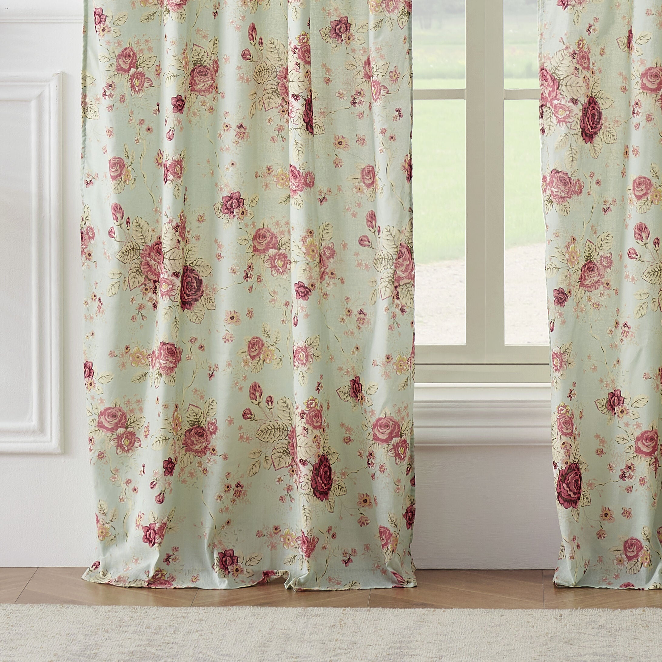 Antique Rose 100% Cotton Window Curtain Panels, Set of 2, 84 inches, BLUE, alternate image number 3