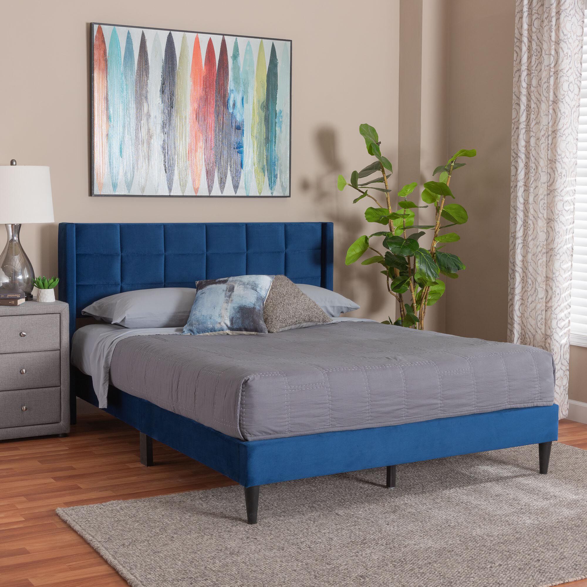 Baxton Studio Payne Modern Glam Grey Velvet and Dark Brown Wood Queen Bed, NAVY BLUE, hi-res image number 0