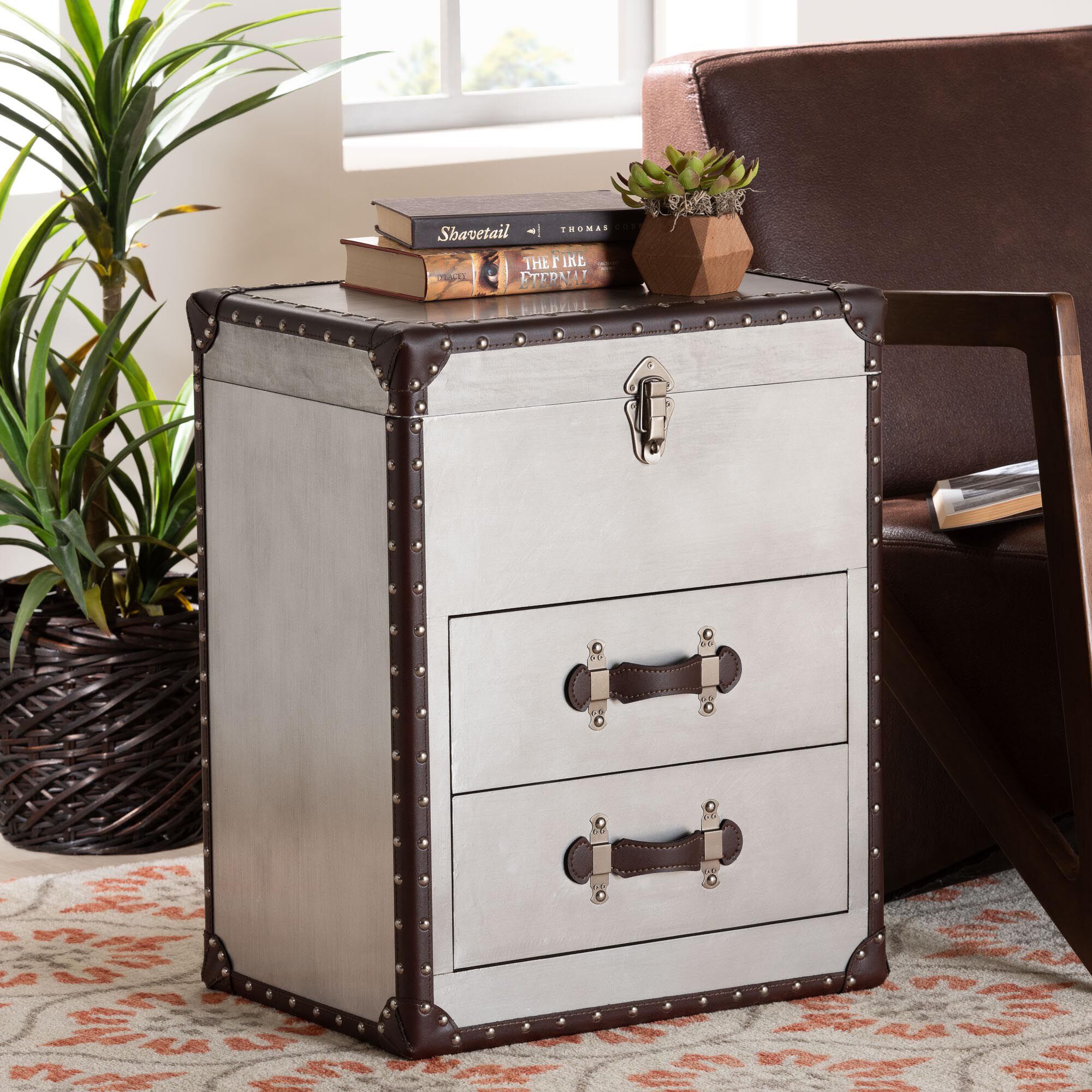 Calidore Vintage Silver Metal 2-Drawer End Table, SILVER, hi-res image number 0