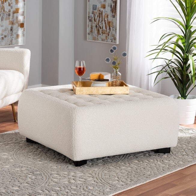 Athena Modern And Contemporary Ivory Boucle Upholstered And Black Finished Wood Square Ottoman, , alternate image number null