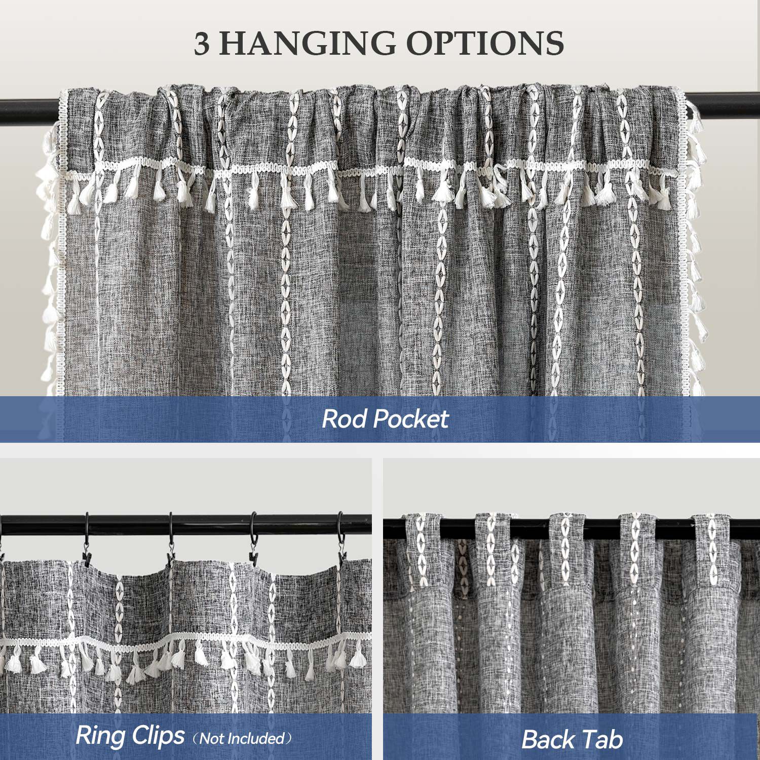 Boho Tassel Light Filtering Curtain Pair, CHARCOAL GRAY, alternate image number 4