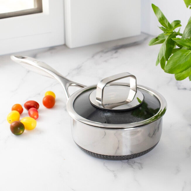 LIVWELL DiamondClad™ 1.5 Quart Hybrid Nonstick Stainless Steel Saucepan and Lid, Dishwasher Safe, PFOA-free – Silver/Black, SILVER, alternate image number null