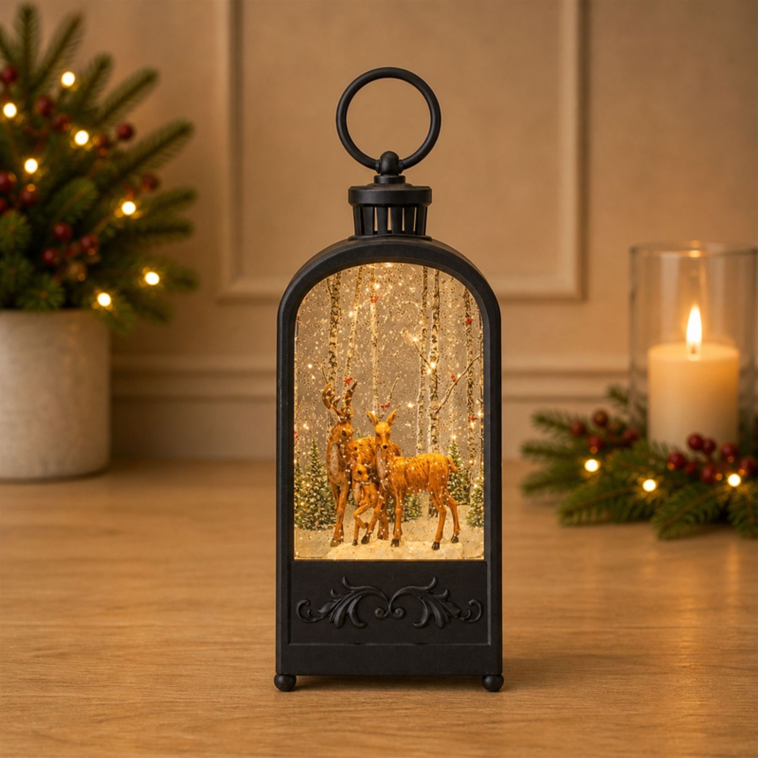 LED Snow Globe Lantern with Forest Deer 9.5 inchesH, BRONZE BROWN, alternate image number 3