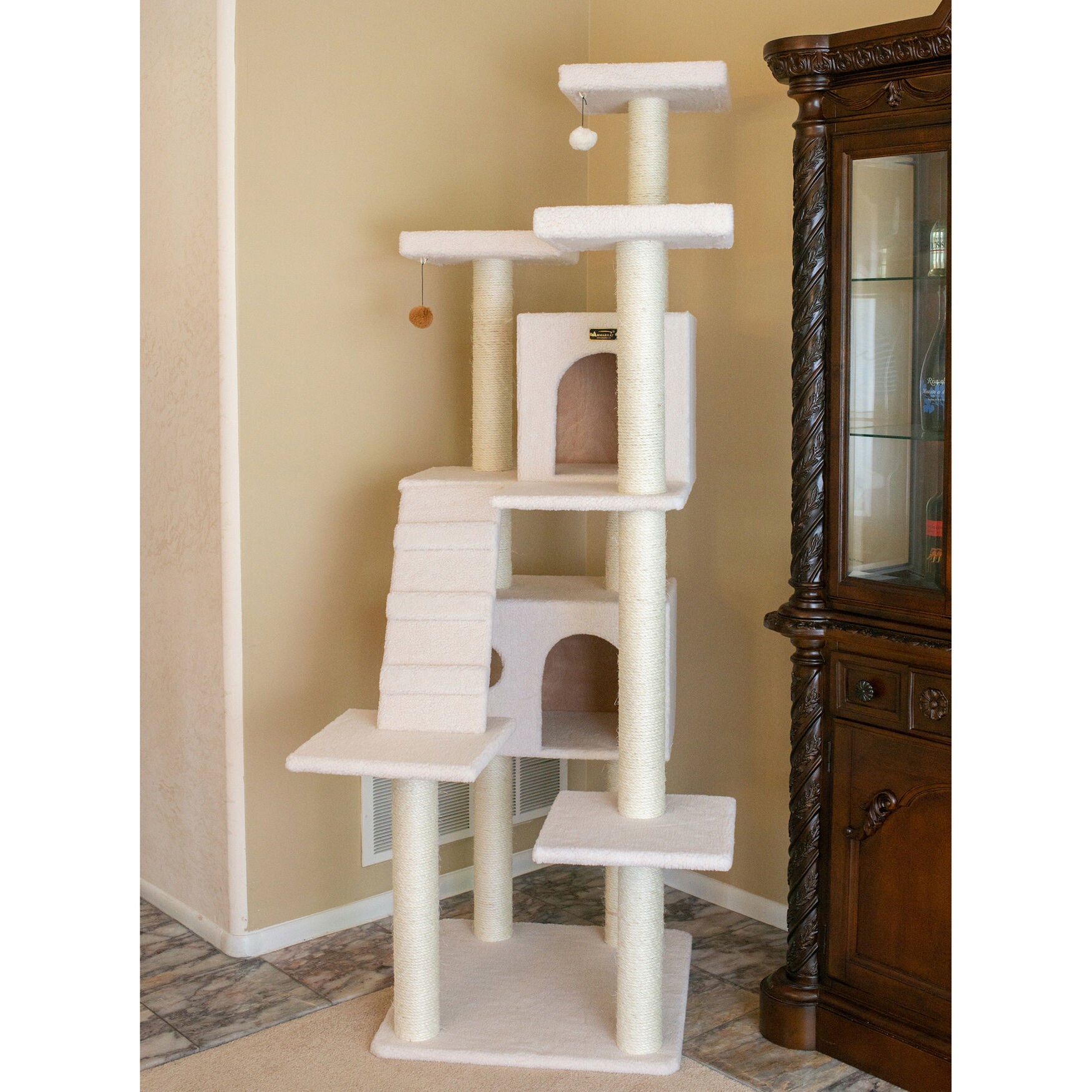 Classic 77 inches Multi Levels Real Wood Cat Tree With Ramp, Three Perches, Two Condos, , alternate image number 2